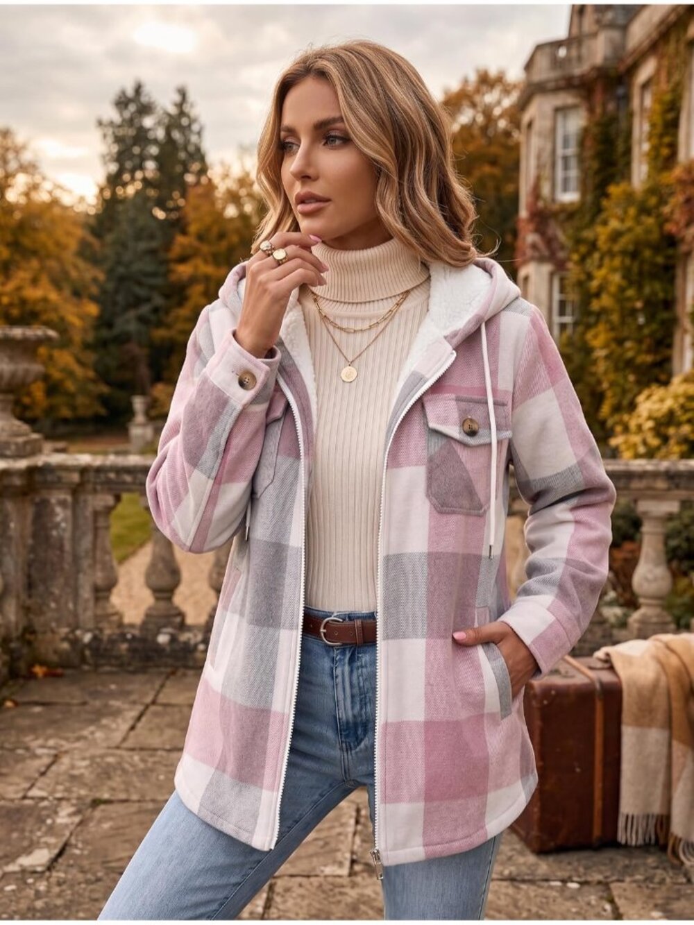 Women's Pink Casual Flannel Jacket Plaid Fleece Lined Shacket Hooded Winter Coat - Picture 4 of 6